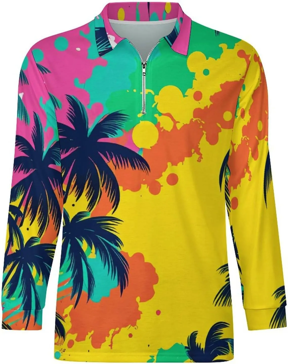 Tropical Palm-Trees Men's Lapel Neck Polo- Shirts Slim Fit Long Sleeve Golf T-Shirts Casual Tees