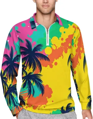 Tropical Palm-Trees Men's Lapel Neck Polo- Shirts Slim Fit Long Sleeve Golf T-Shirts Casual Tees