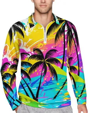 Tropical Palm-Trees Men's Lapel Neck Polo- Shirts Slim Fit Long Sleeve Golf T-Shirts Casual Tees