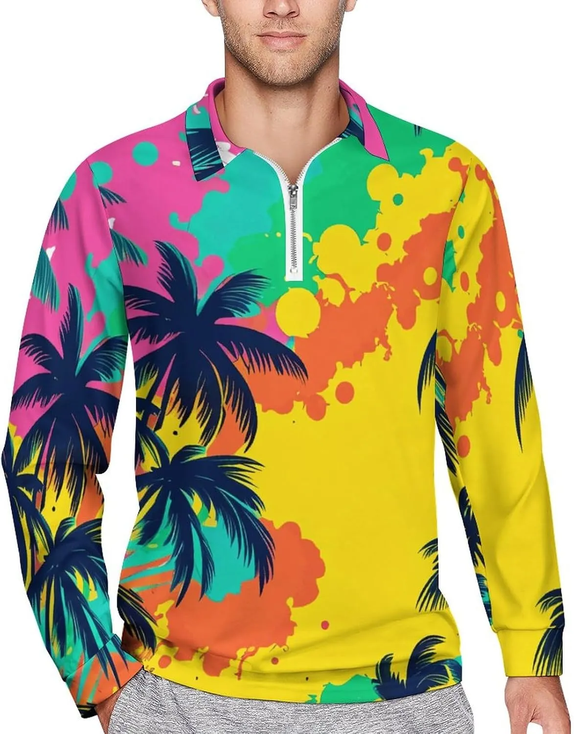 Tropical Palm-Trees Men's Lapel Neck Polo- Shirts Slim Fit Long Sleeve Golf T-Shirts Casual Tees