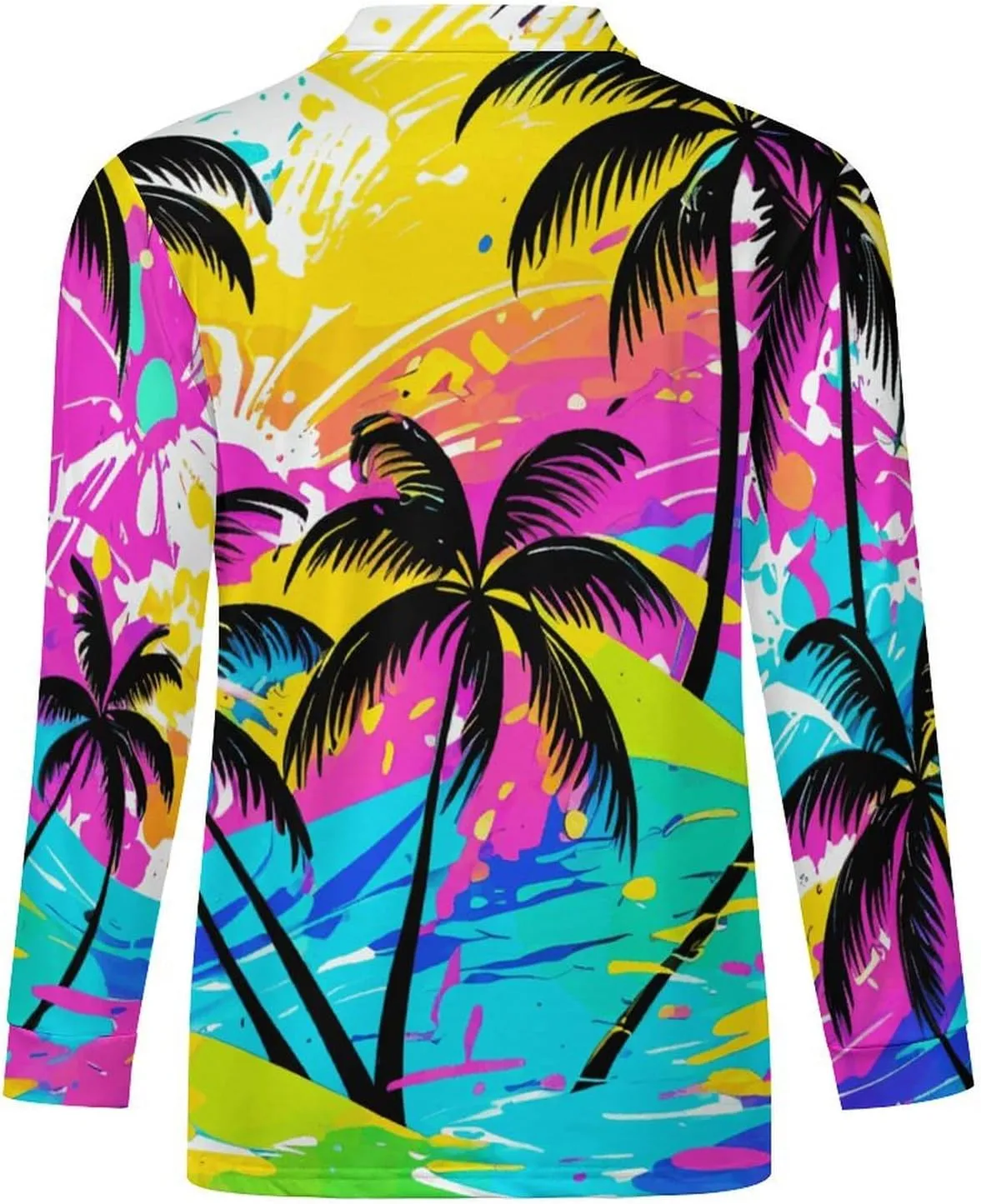 Tropical Palm-Trees Men's Lapel Neck Polo- Shirts Slim Fit Long Sleeve Golf T-Shirts Casual Tees