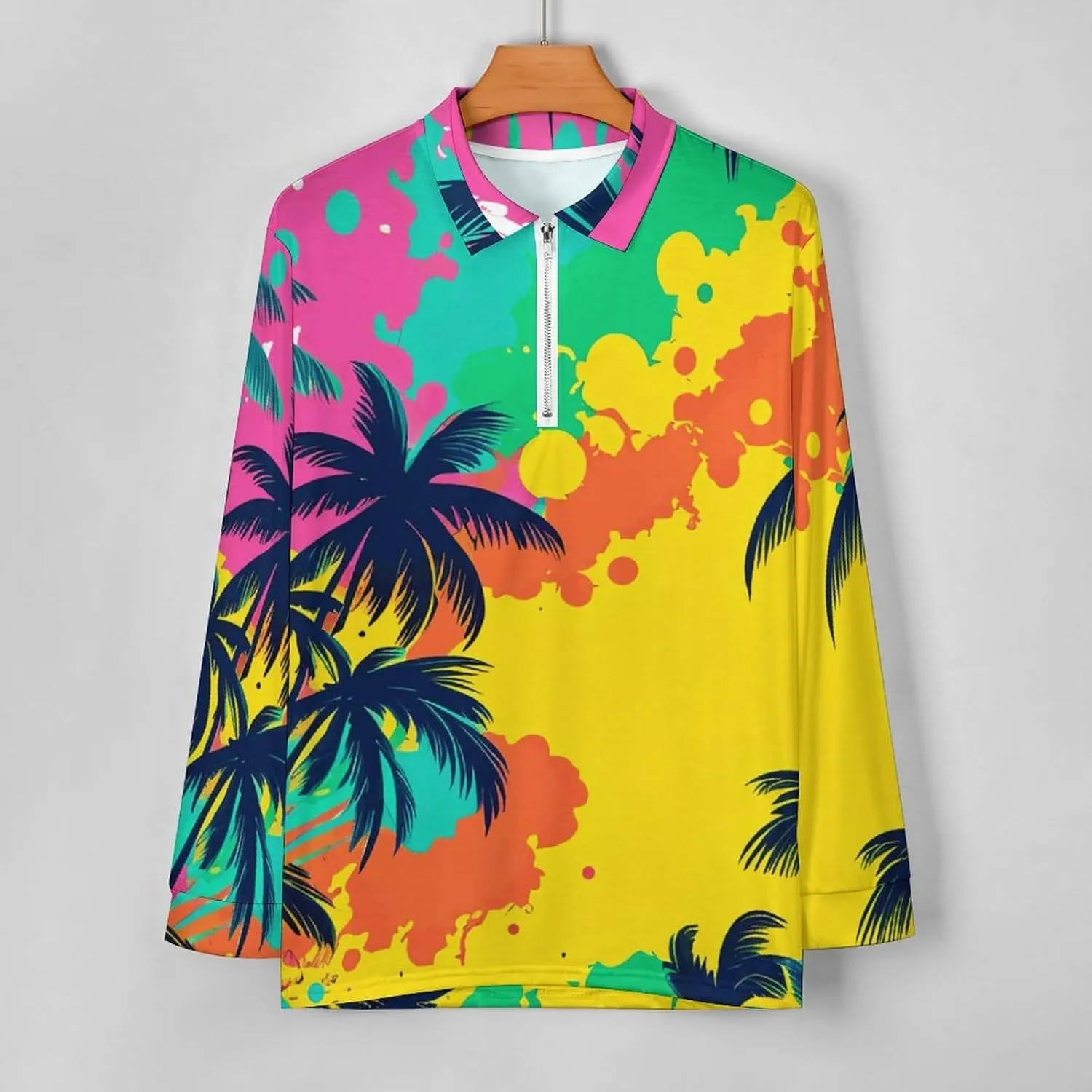 Tropical Palm-Trees Men's Lapel Neck Polo- Shirts Slim Fit Long Sleeve Golf T-Shirts Casual Tees