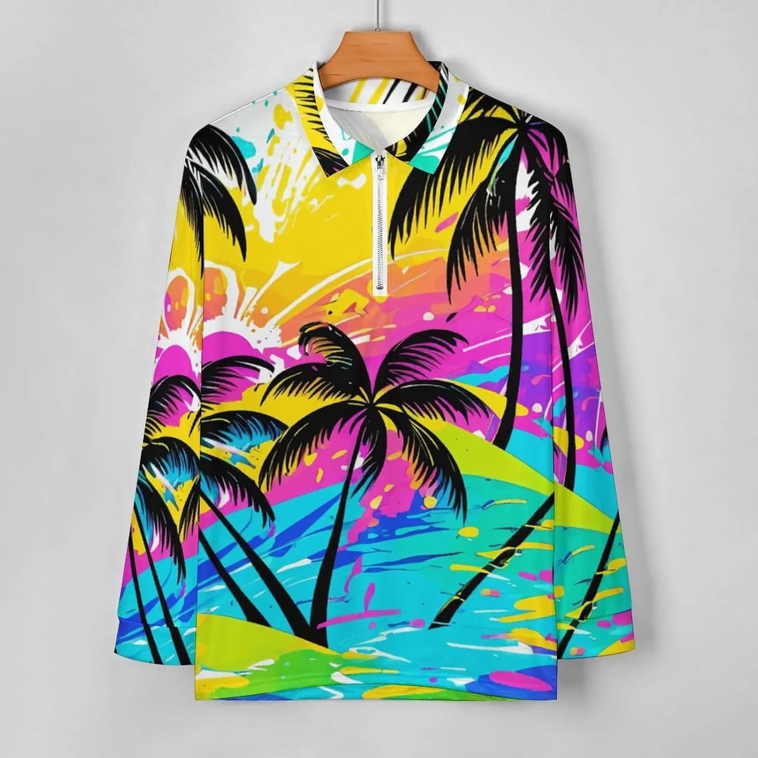 Tropical Palm-Trees Men's Lapel Neck Polo- Shirts Slim Fit Long Sleeve Golf T-Shirts Casual Tees