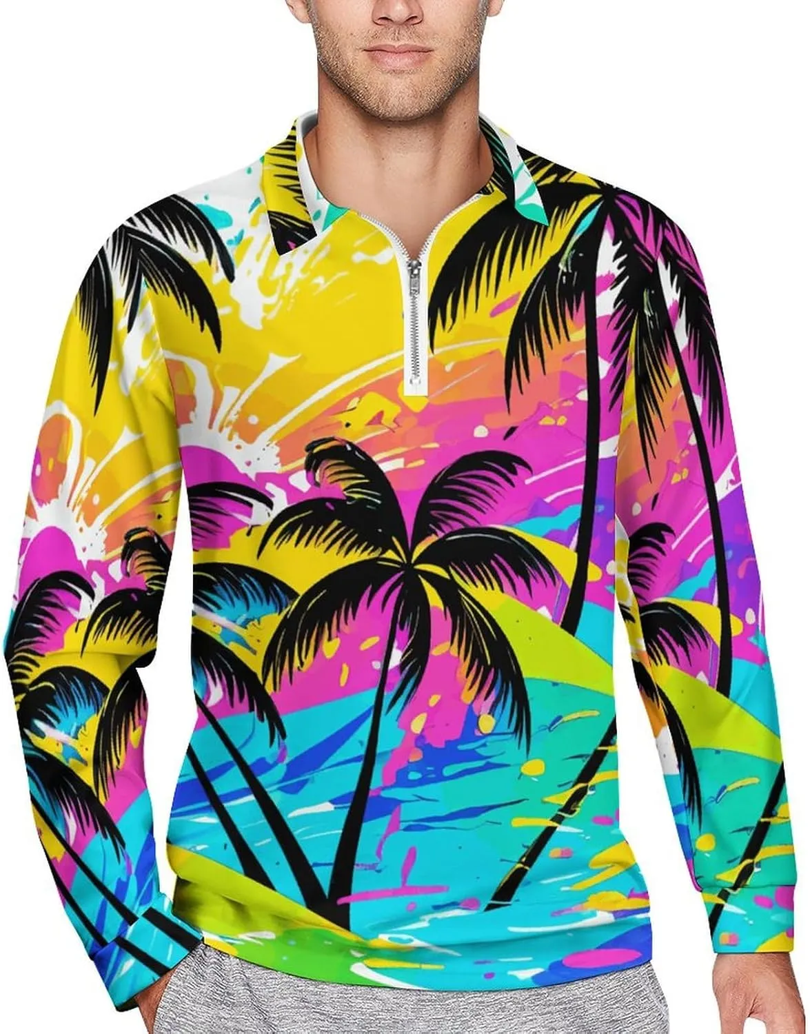 Tropical Palm-Trees Men's Lapel Neck Polo- Shirts Slim Fit Long Sleeve Golf T-Shirts Casual Tees