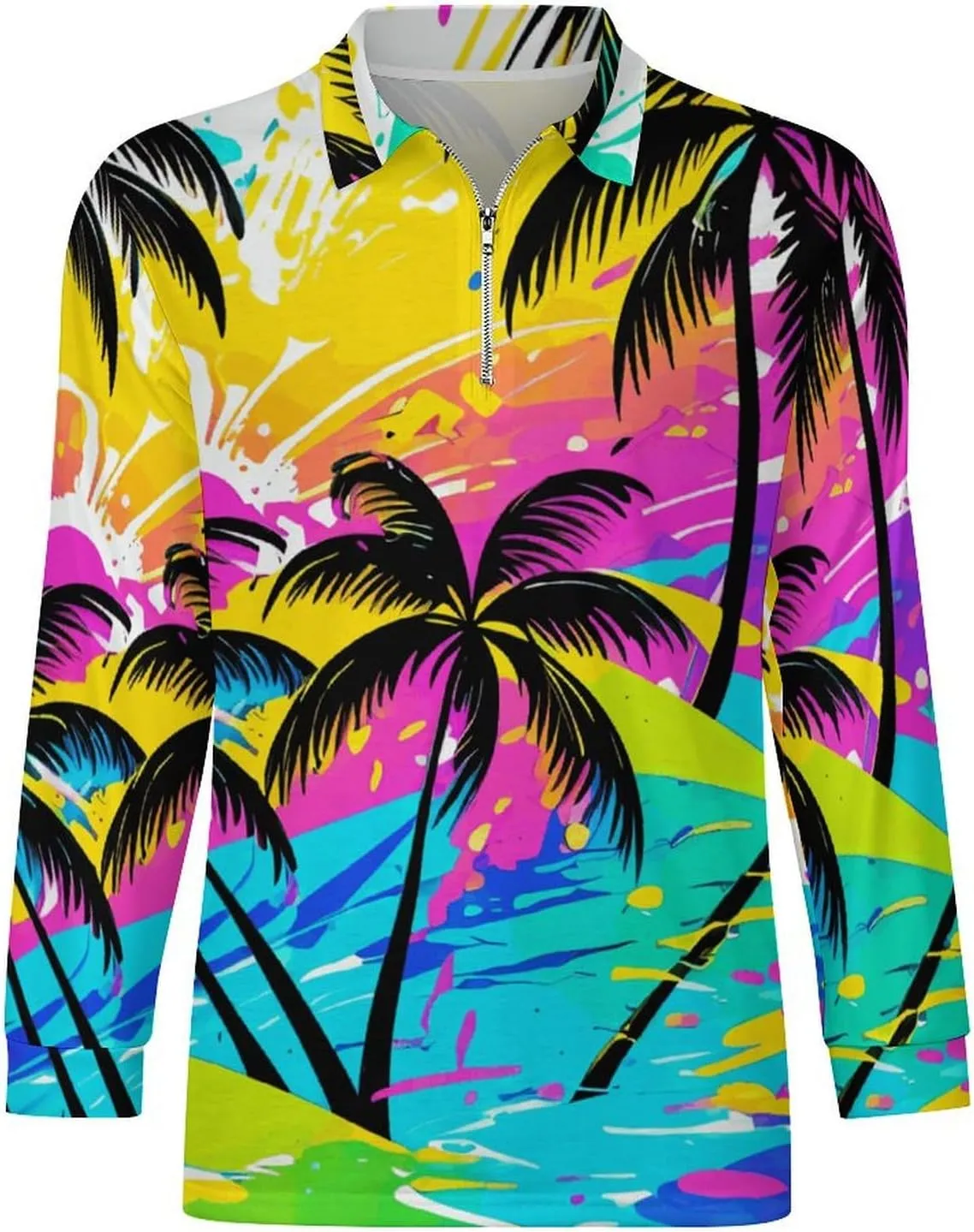 Tropical Palm-Trees Men's Lapel Neck Polo- Shirts Slim Fit Long Sleeve Golf T-Shirts Casual Tees