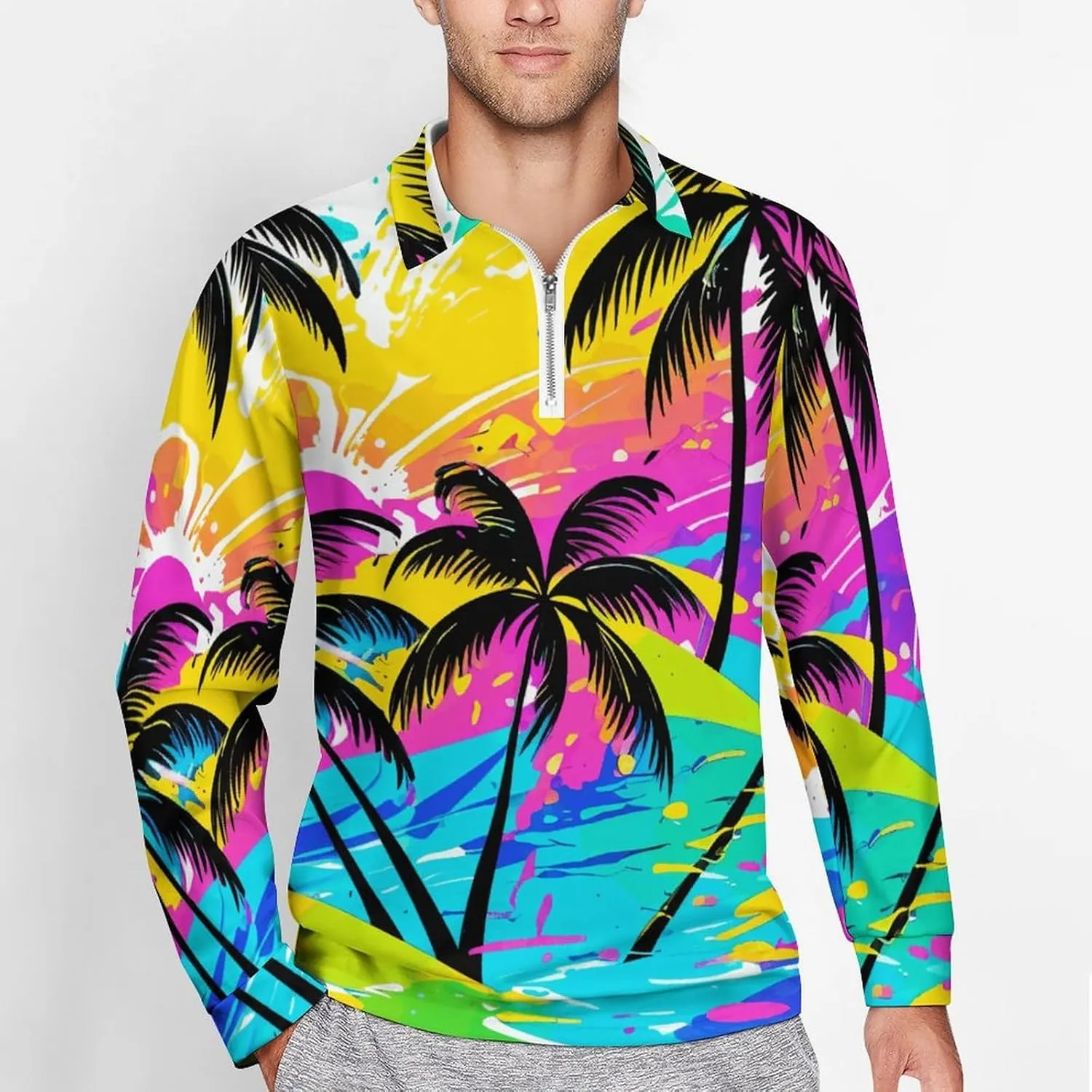 Tropical Palm-Trees Men's Lapel Neck Polo- Shirts Slim Fit Long Sleeve Golf T-Shirts Casual Tees