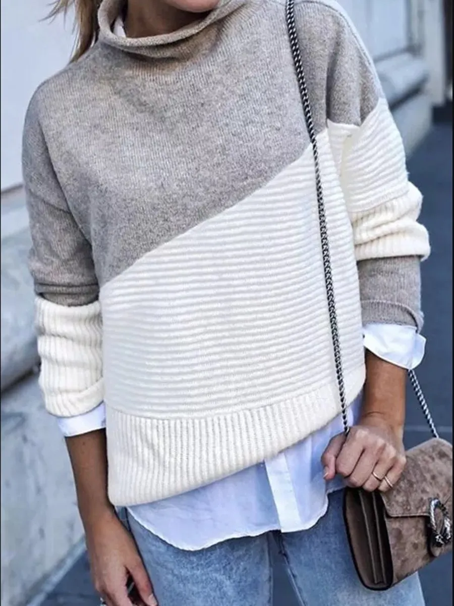 Turtleneck Casual Color Block Regular Tops