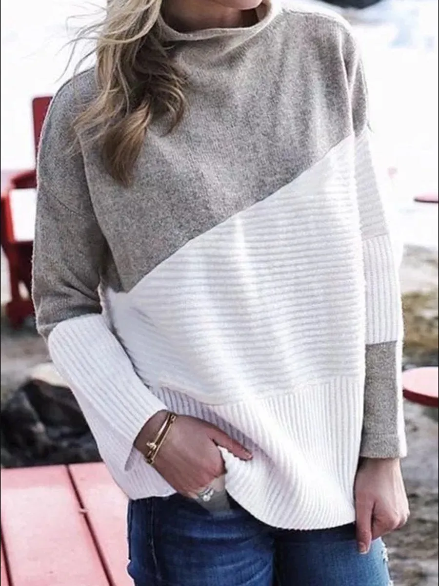 Turtleneck Casual Color Block Regular Tops