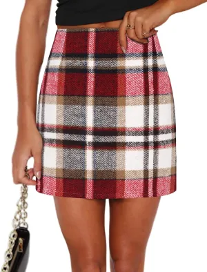 UANEO Plaid Skirts for Women High Waisted Fall Bodycon A Line Pencil Plaid Mini Skirt