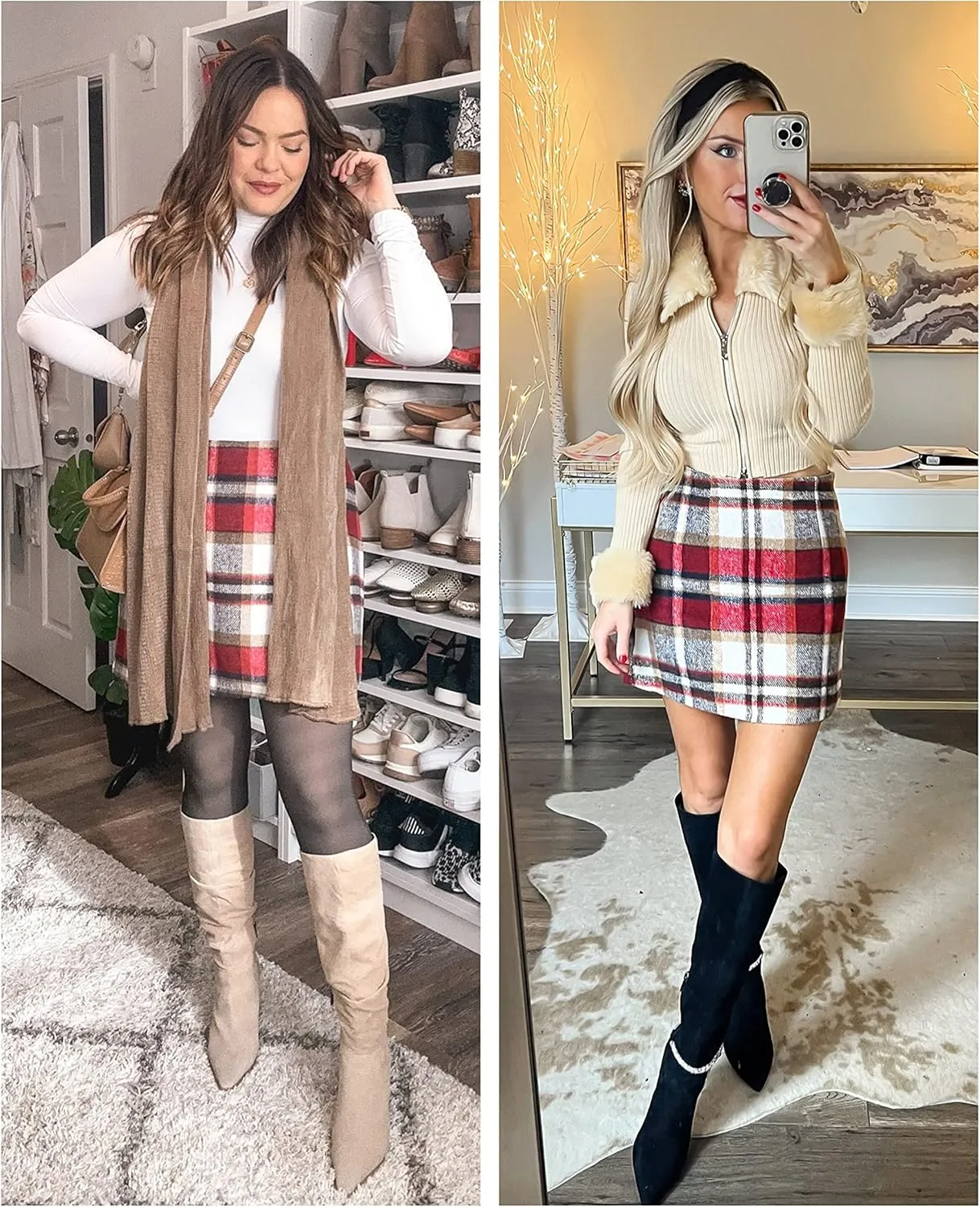 UANEO Plaid Skirts for Women High Waisted Fall Bodycon A Line Pencil Plaid Mini Skirt
