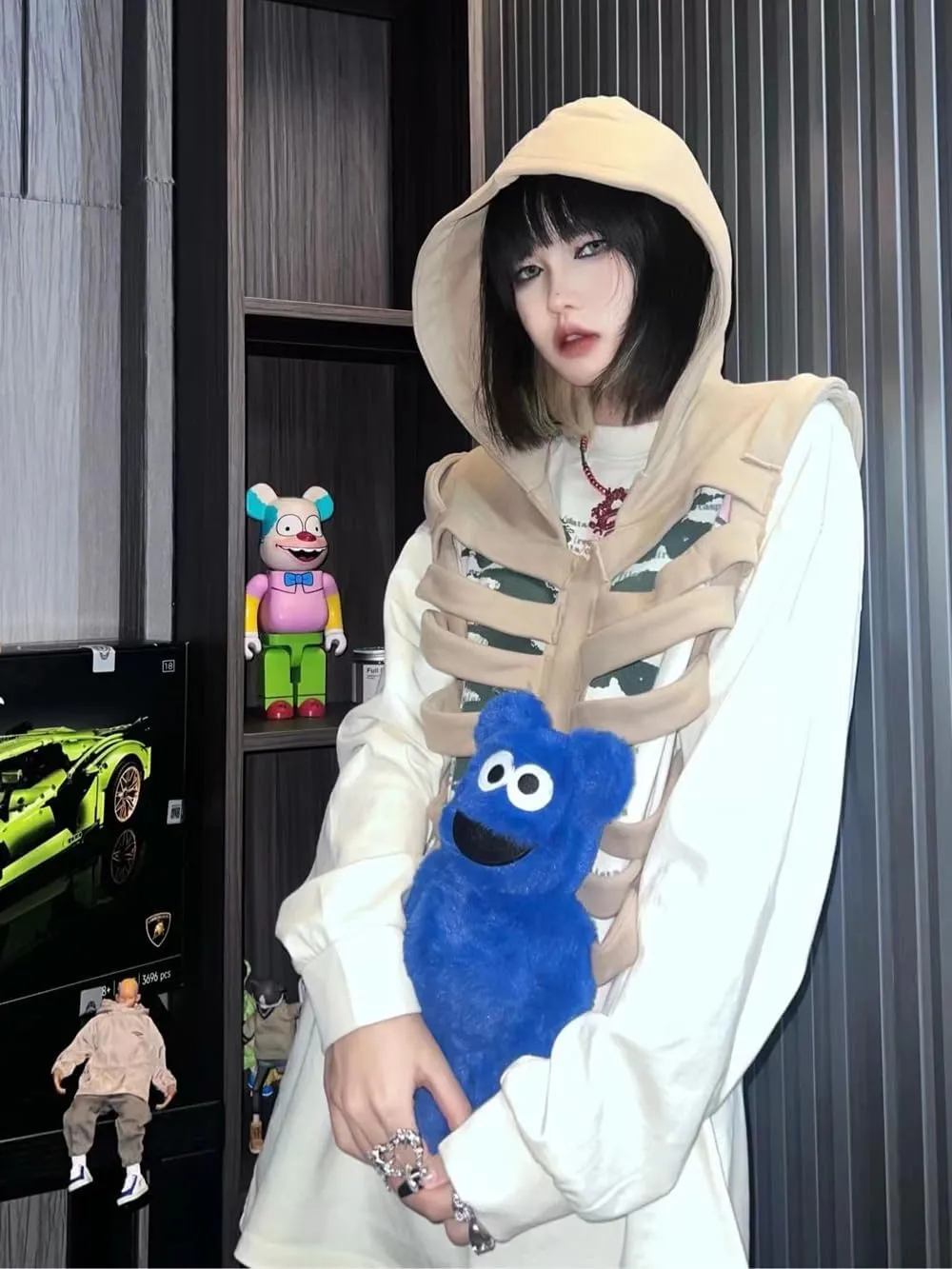 Unisex Oversized Skeleton Hoodie Men Cropped Sleeveless Sweatshirt for Women Goth Halloween Costume Skull Hooded Vest