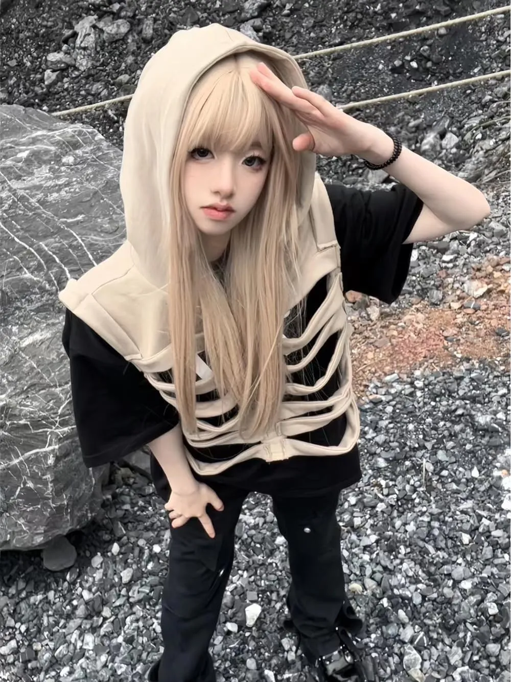 Unisex Oversized Skeleton Hoodie Men Cropped Sleeveless Sweatshirt for Women Goth Halloween Costume Skull Hooded Vest