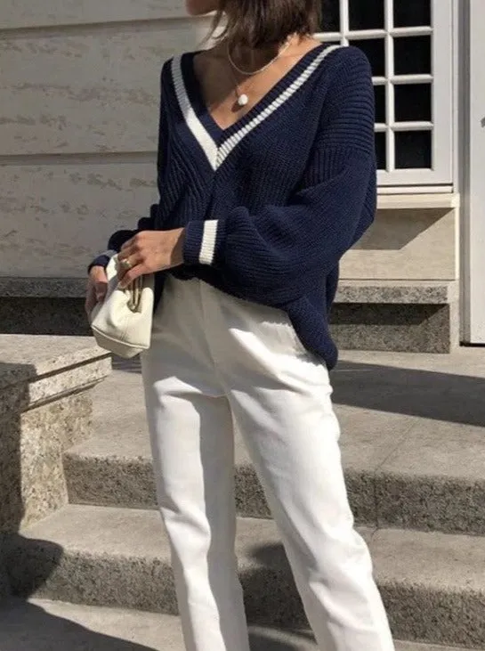 V-neck Knitted Fashionable Outerwear Loose Sweater