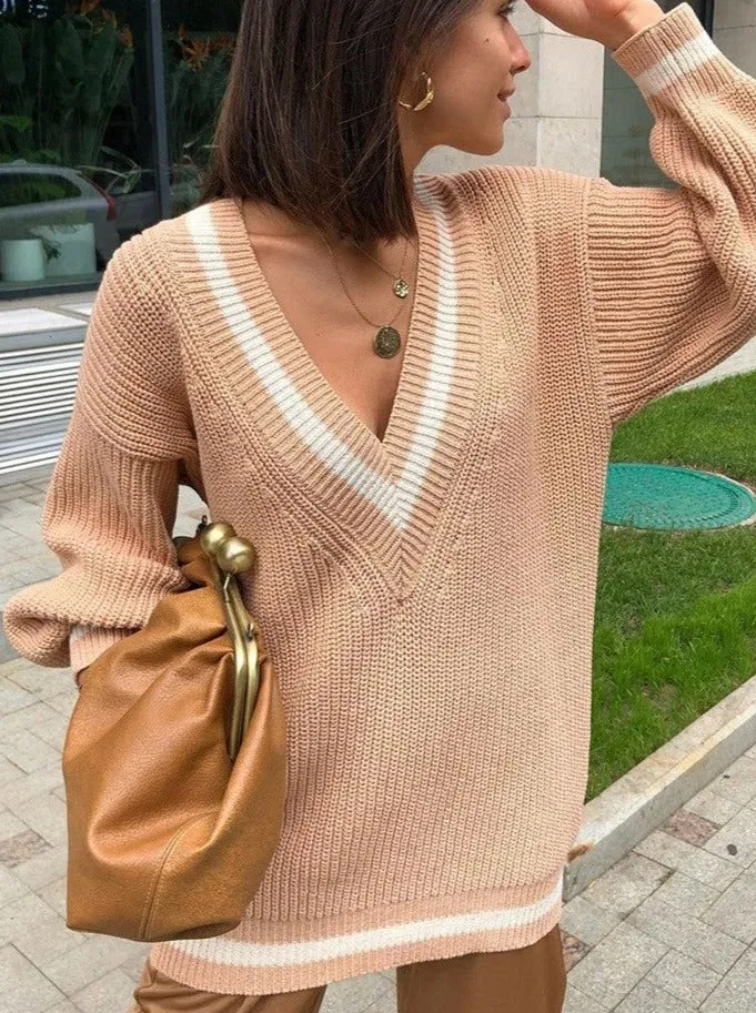 V-neck Knitted Fashionable Outerwear Loose Sweater