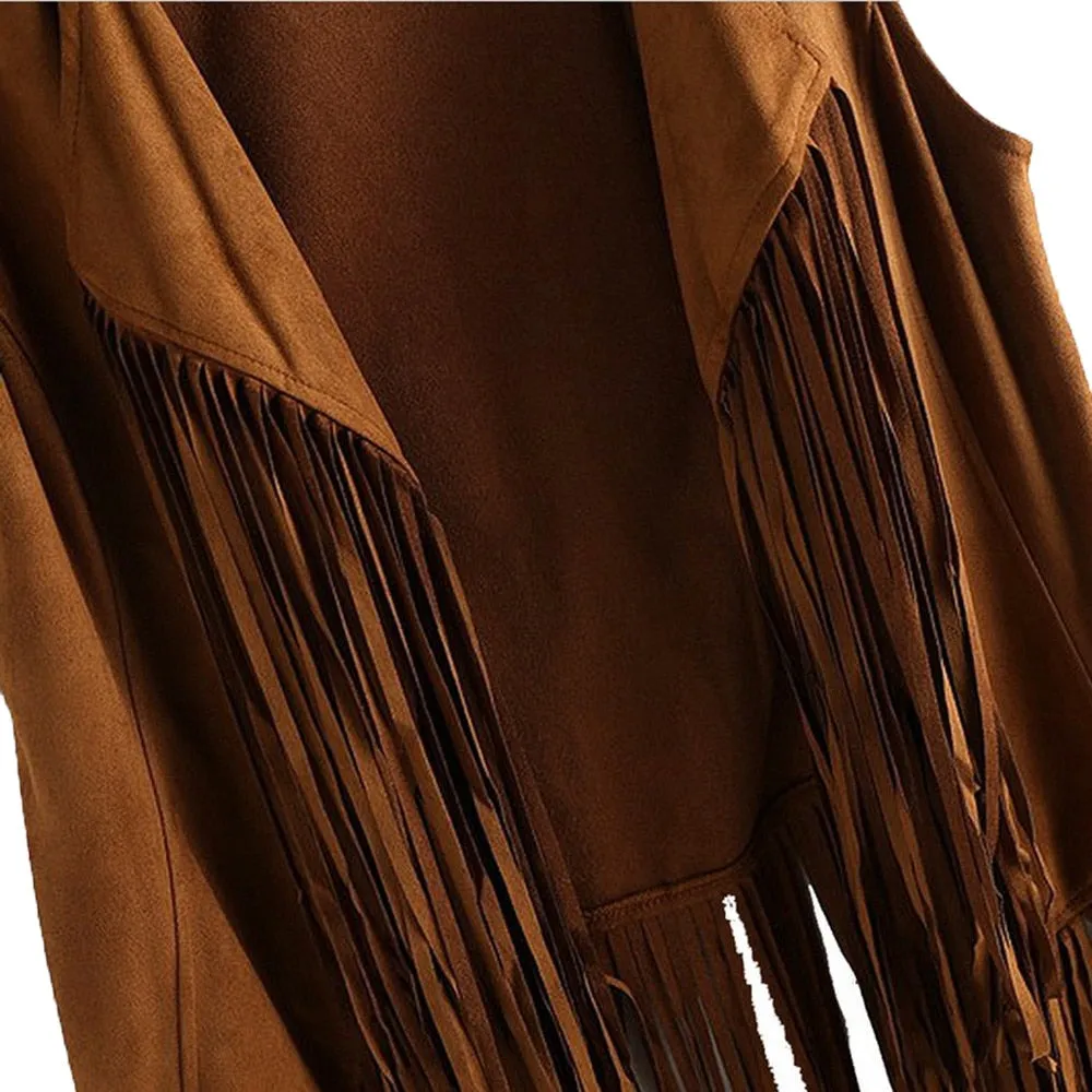 VenusFox Faux Suede Tassels Fringed Vest Cardigan