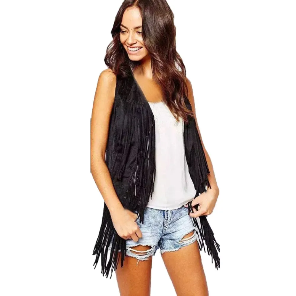 VenusFox Faux Suede Tassels Fringed Vest Cardigan