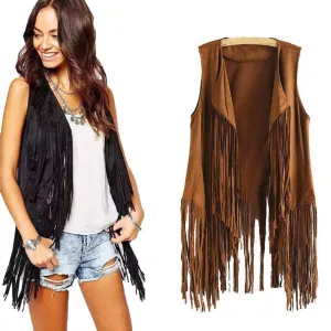 VenusFox Faux Suede Tassels Fringed Vest Cardigan