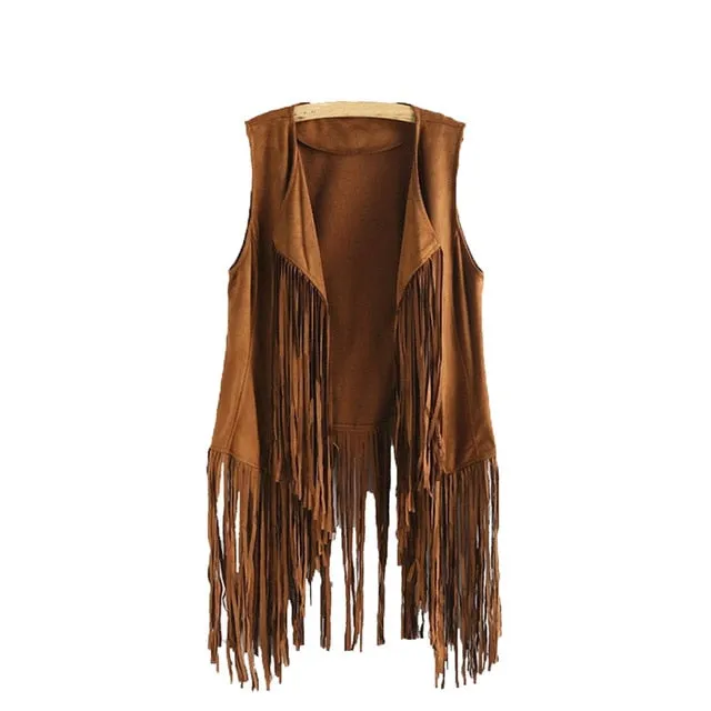 VenusFox Faux Suede Tassels Fringed Vest Cardigan
