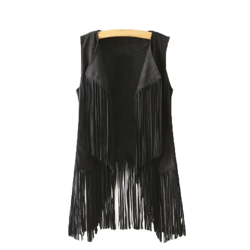 VenusFox Faux Suede Tassels Fringed Vest Cardigan