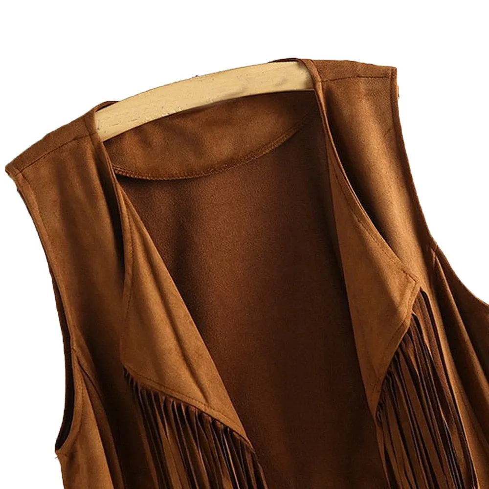VenusFox Faux Suede Tassels Fringed Vest Cardigan