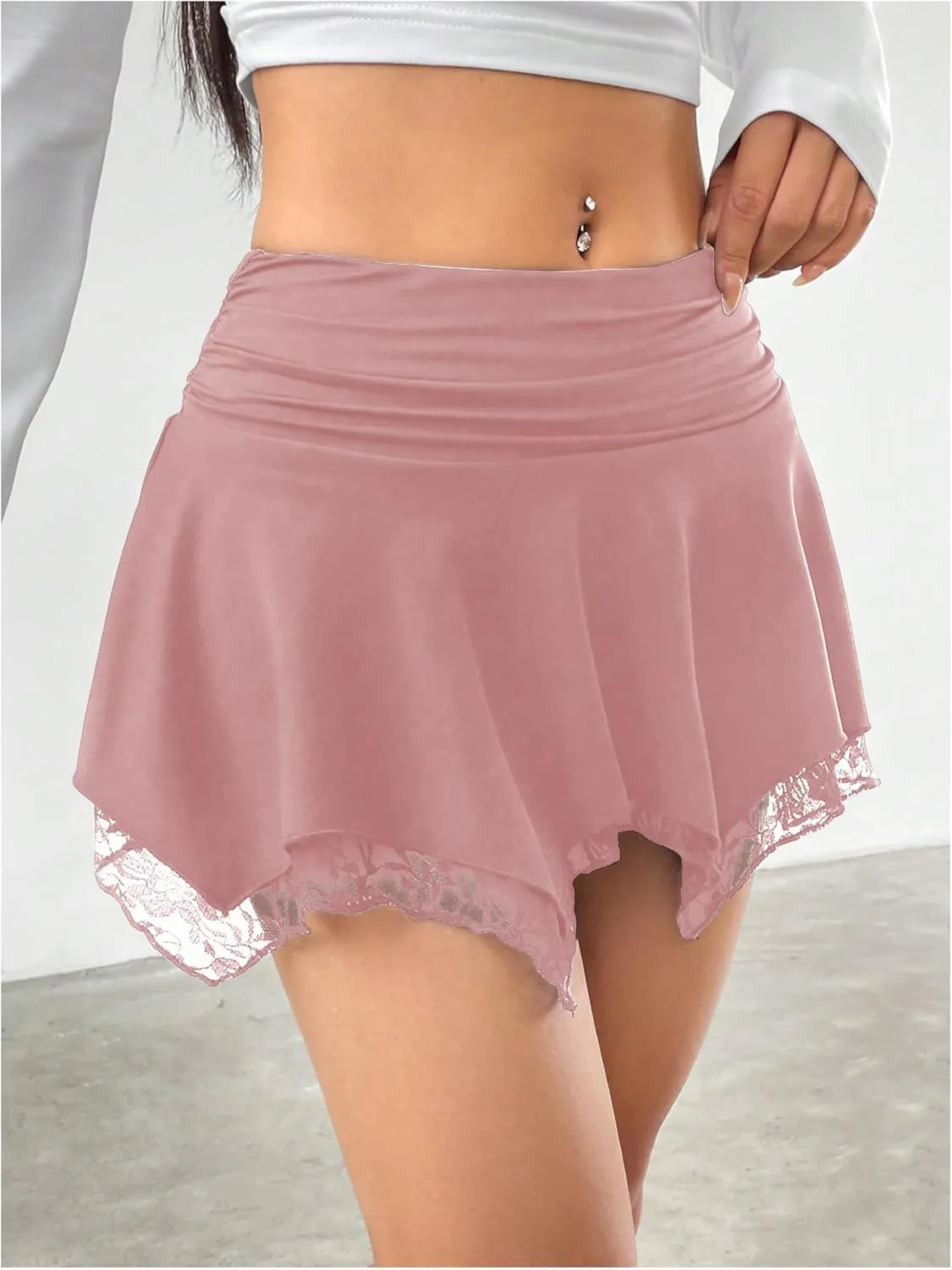 Verdusa Women's Asymmetrical Lace Mini Skirt Skort Gothic Elastic Waist Pleated Athletic Short Skirts