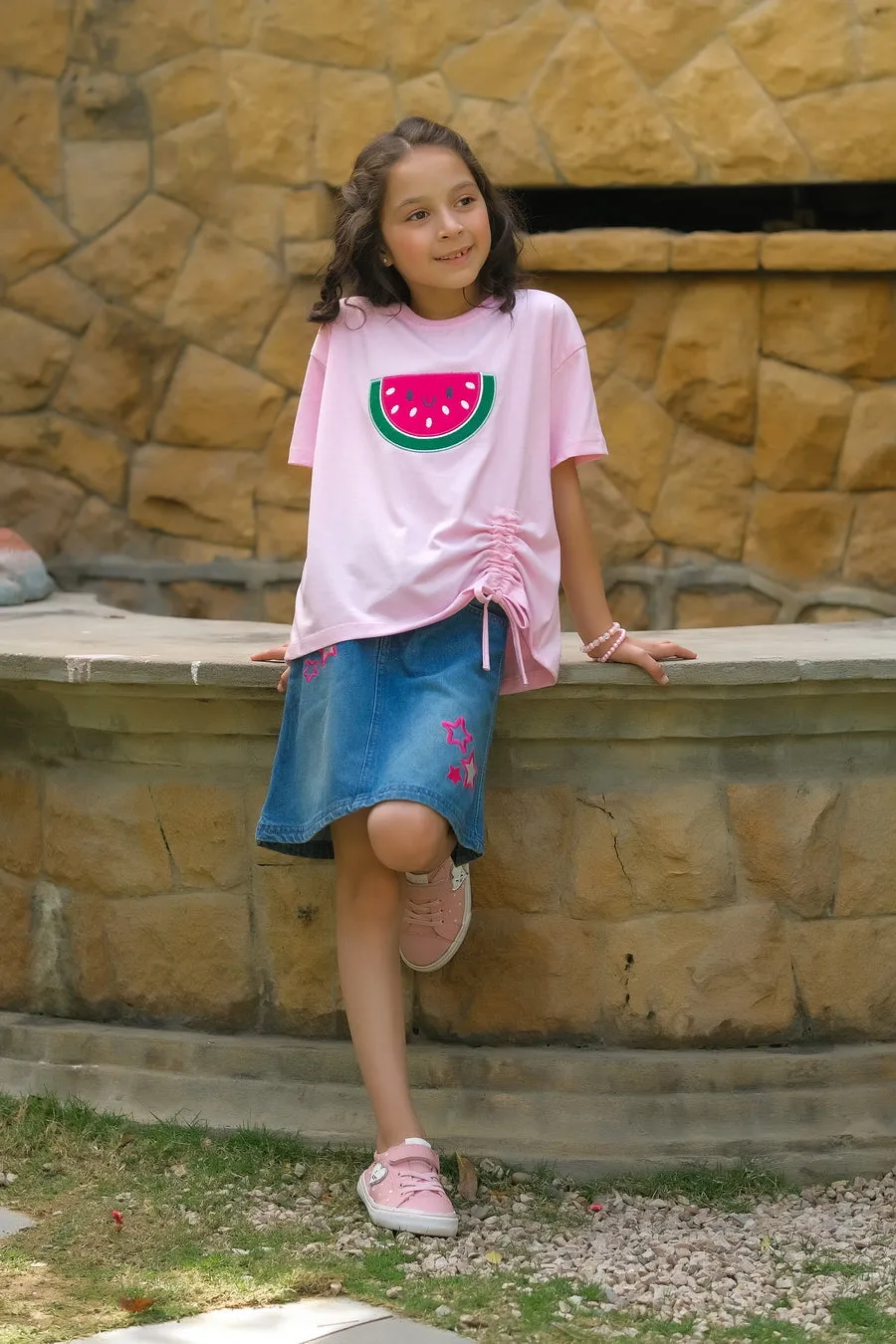 Watermelon with embroidery - Half sleeves T-shirts For Kids - Pink - SBT-358