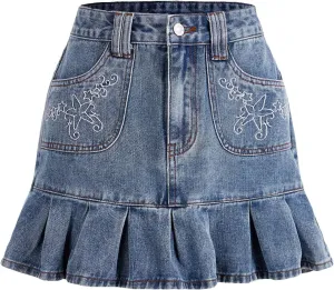 WDIRARA Women's High Waist Star Embroidery Short Skirts Pleated Hem Denim A Line Mini Skirts
