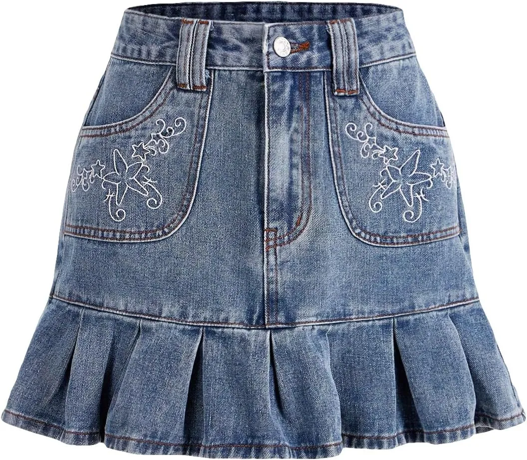 WDIRARA Women's High Waist Star Embroidery Short Skirts Pleated Hem Denim A Line Mini Skirts