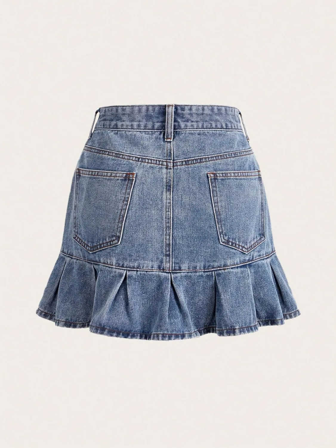 WDIRARA Women's High Waist Star Embroidery Short Skirts Pleated Hem Denim A Line Mini Skirts