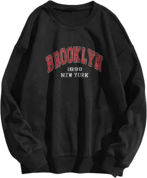WDIRARA Women's Letter Graphic Print Round Neck Long Sleeve Casual Pullover Sweatshirt Tops