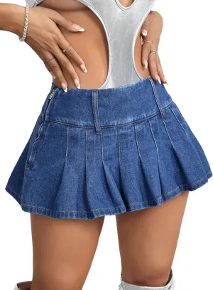 WDIRARA Women's Pleated Denim Skirts Zipper Side High Waisted Y2K Street Mini Skirts