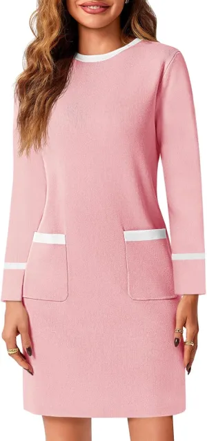 Wenrine Womens Sweater Dress Casual Contrast Color Elegant Work Business Long Sleeve Knit Fall Mini Dress