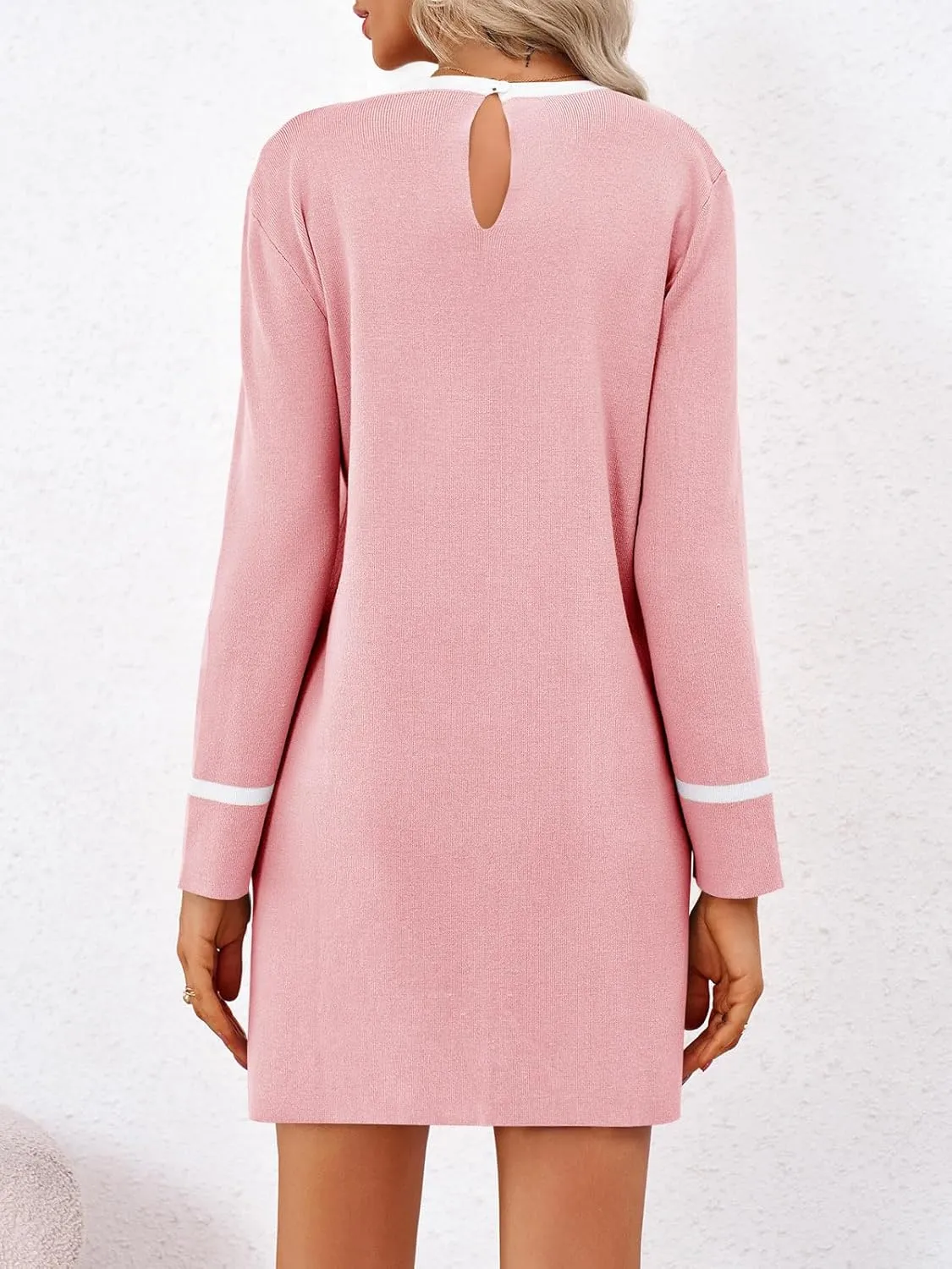 Wenrine Womens Sweater Dress Casual Contrast Color Elegant Work Business Long Sleeve Knit Fall Mini Dress