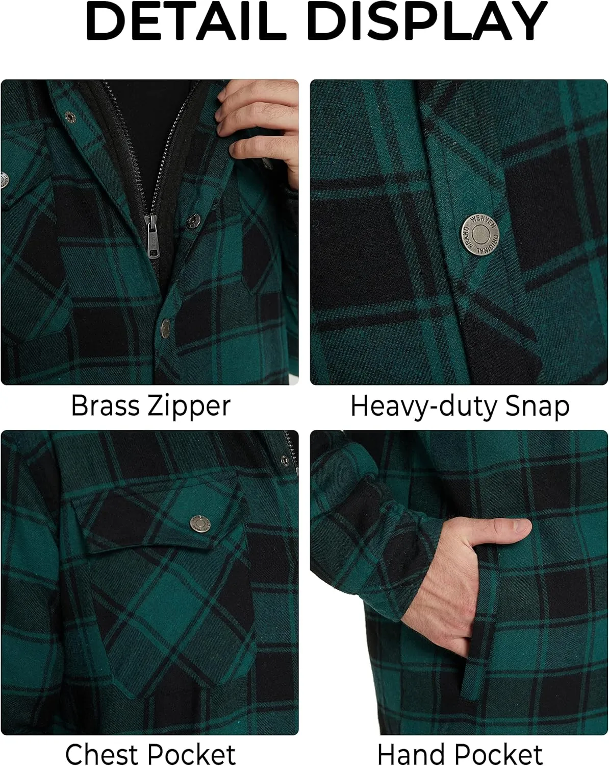 WenVen Men's Thicken Plaid Flannel Quilted Shirts Jacket with Removable Hood