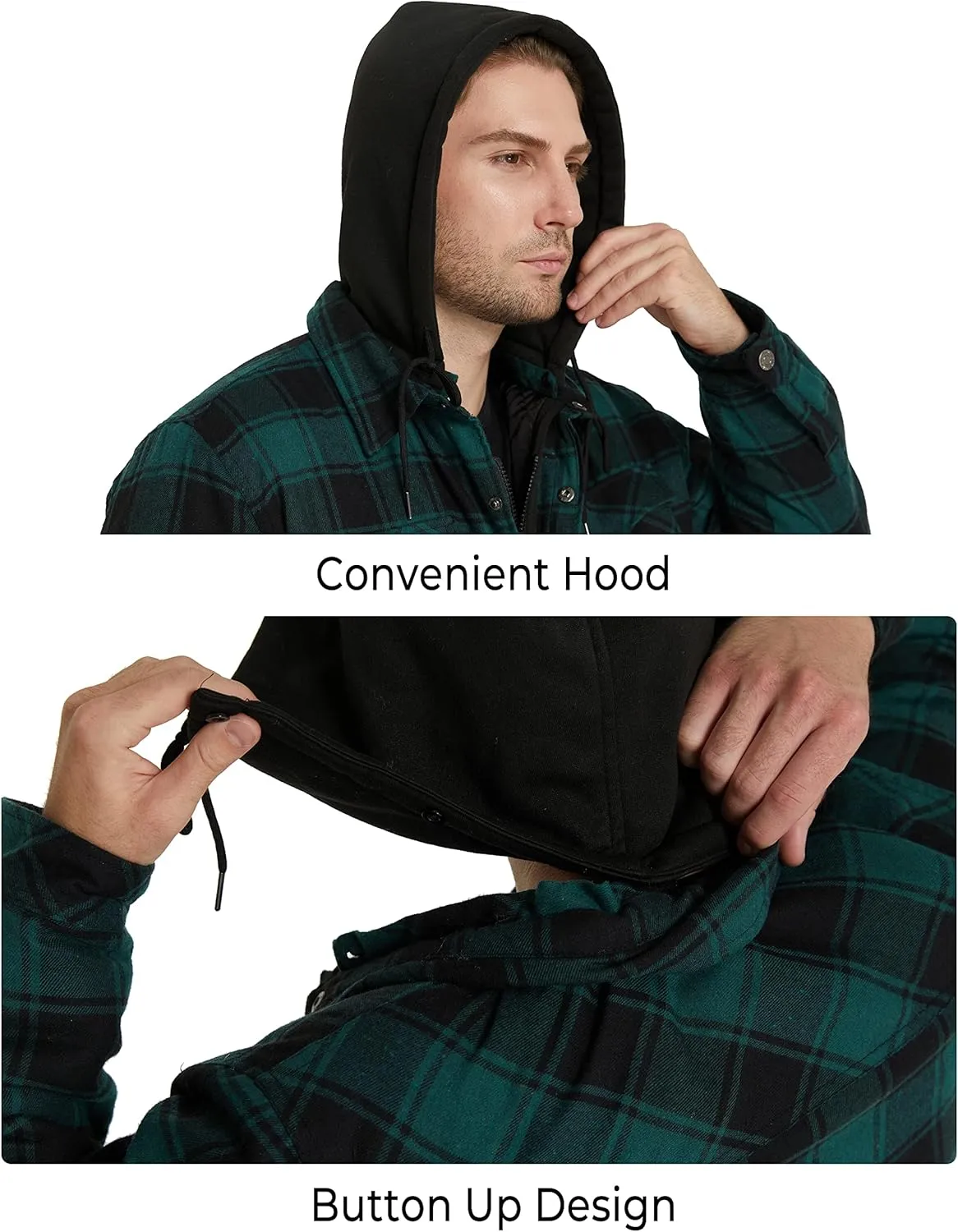 WenVen Men's Thicken Plaid Flannel Quilted Shirts Jacket with Removable Hood