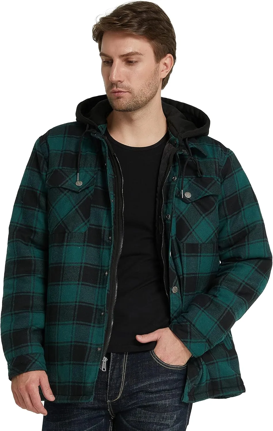 WenVen Men's Thicken Plaid Flannel Quilted Shirts Jacket with Removable Hood