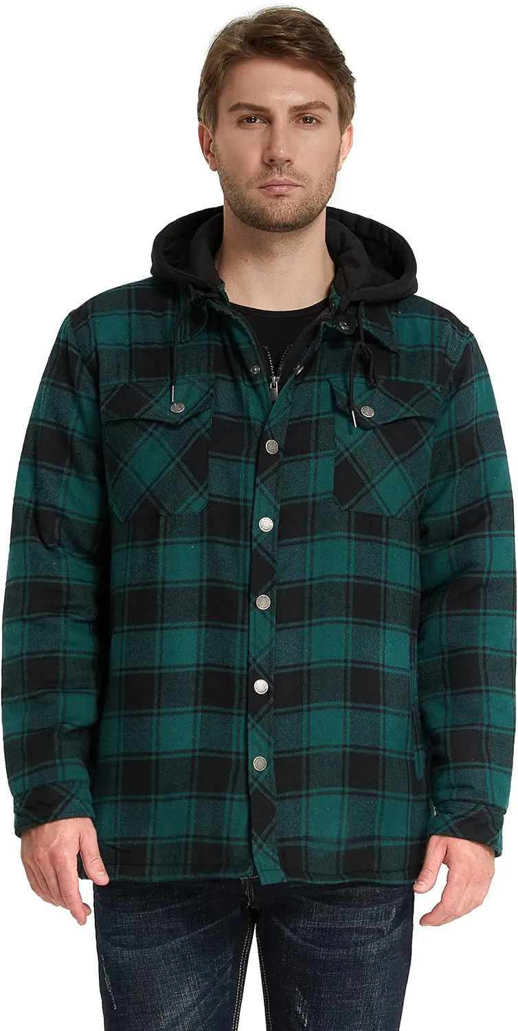 WenVen Men's Thicken Plaid Flannel Quilted Shirts Jacket with Removable Hood