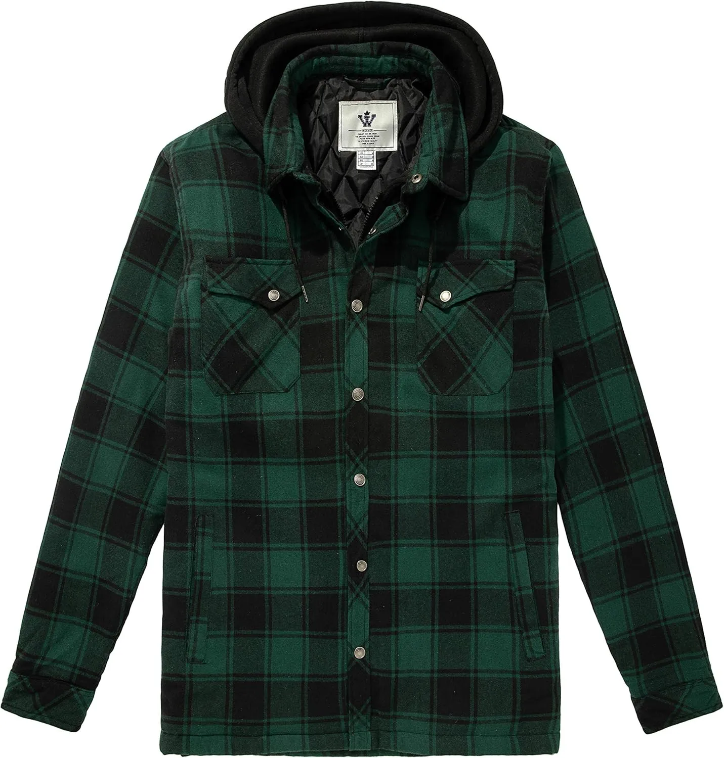 WenVen Men's Thicken Plaid Flannel Quilted Shirts Jacket with Removable Hood