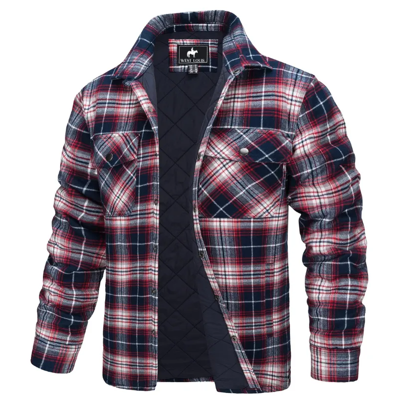 West Louis Autumn Cotton Quilted Lined Flannel Shirt Jacket