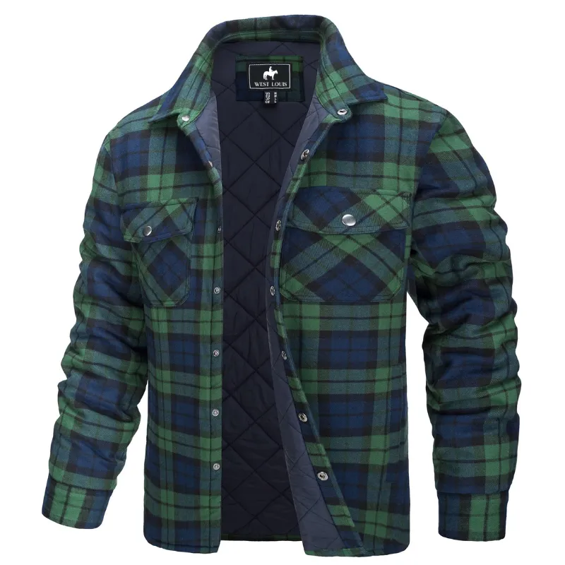 West Louis Autumn Cotton Quilted Lined Flannel Shirt Jacket