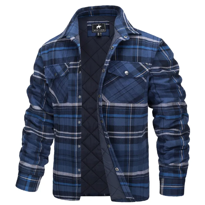 West Louis Autumn Cotton Quilted Lined Flannel Shirt Jacket