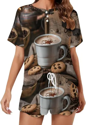 White Coffee Cup with Foam And Biscuits Women's Pajama Sets Short Sleeve Shirt And Shorts Cozy Sleepwear Loungewear Pjs