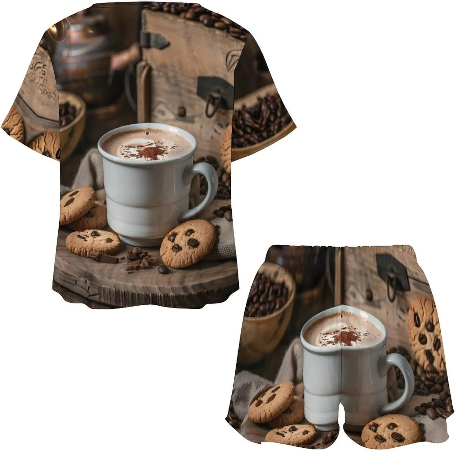 White Coffee Cup with Foam And Biscuits Women's Pajama Sets Short Sleeve Shirt And Shorts Cozy Sleepwear Loungewear Pjs