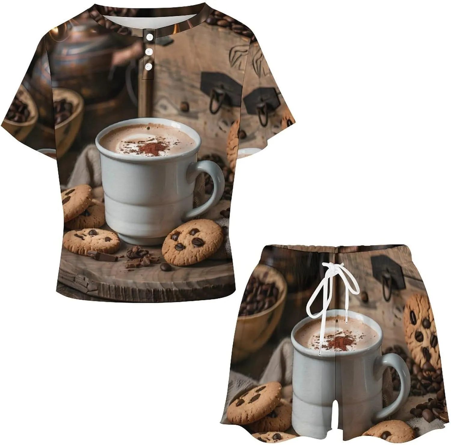 White Coffee Cup with Foam And Biscuits Women's Pajama Sets Short Sleeve Shirt And Shorts Cozy Sleepwear Loungewear Pjs