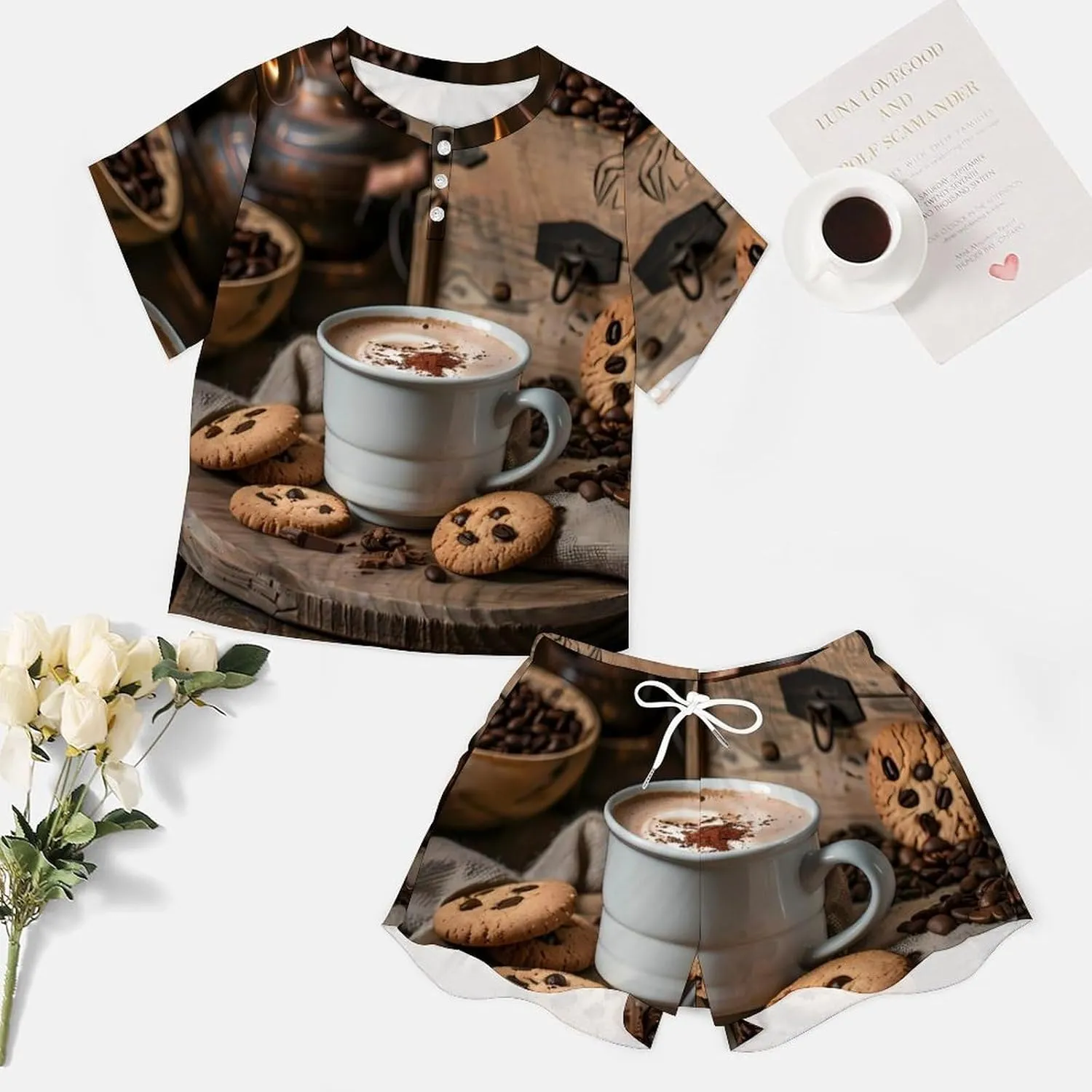 White Coffee Cup with Foam And Biscuits Women's Pajama Sets Short Sleeve Shirt And Shorts Cozy Sleepwear Loungewear Pjs