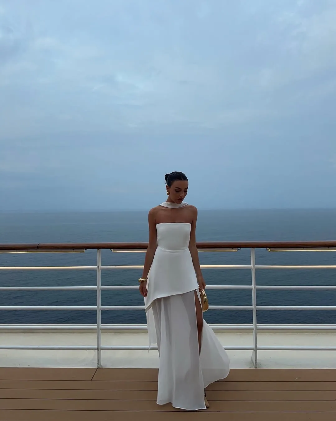 White Strapless Satin Chiffon Split Holiday Summer Prom Dress