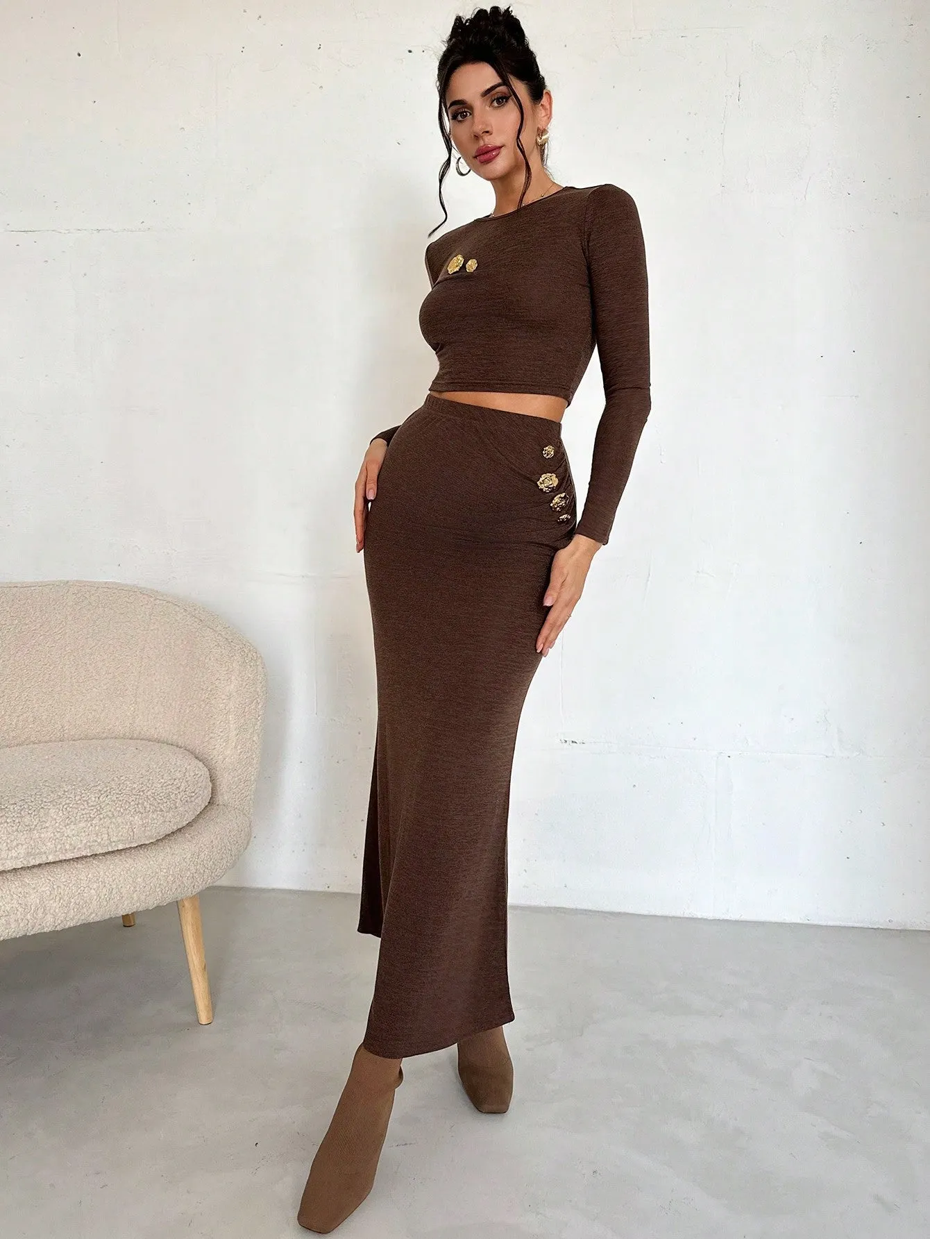 Women 2Pcs Set: Crew Neck Long Sleeve Top & Extra Long Fish Tail Skirt, Metal Buckle Decor