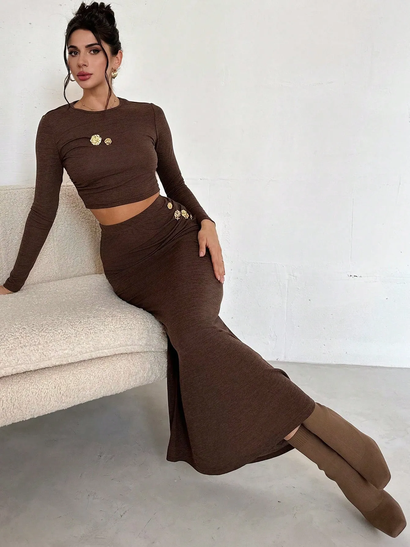 Women 2Pcs Set: Crew Neck Long Sleeve Top & Extra Long Fish Tail Skirt, Metal Buckle Decor