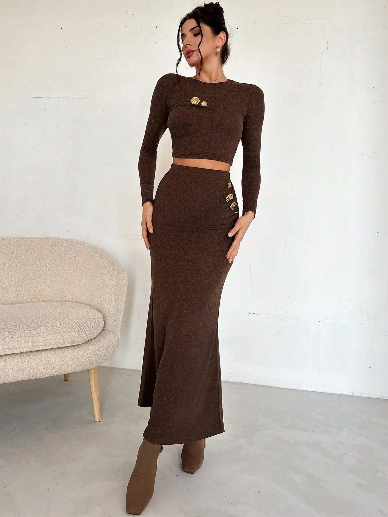 Women 2Pcs Set: Crew Neck Long Sleeve Top & Extra Long Fish Tail Skirt, Metal Buckle Decor