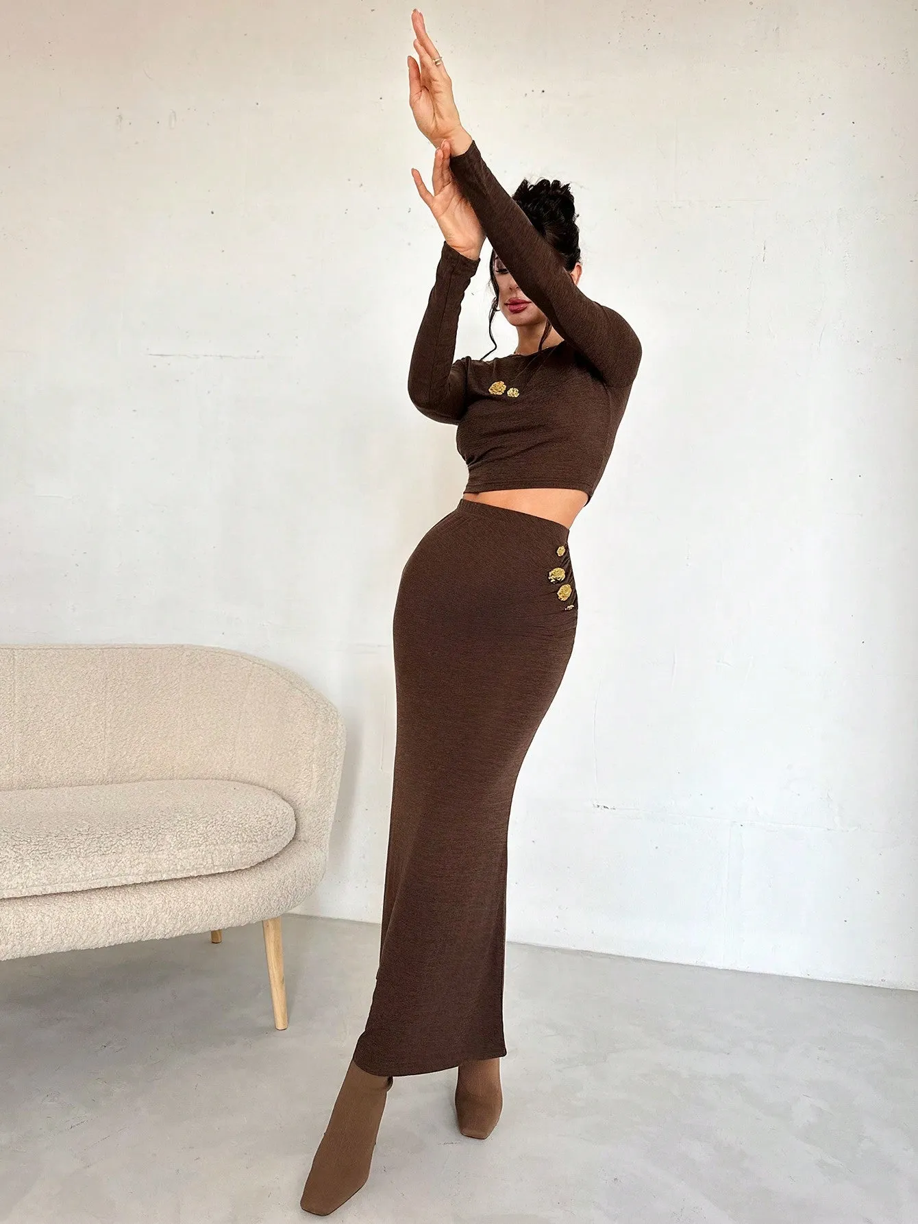 Women 2Pcs Set: Crew Neck Long Sleeve Top & Extra Long Fish Tail Skirt, Metal Buckle Decor